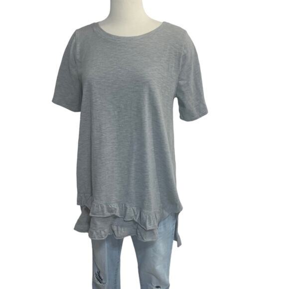 Easel Ruffle Hem Top Short Sleeve Asymmetrical Heather Gray T-shirt size large - Picture 2 of 9